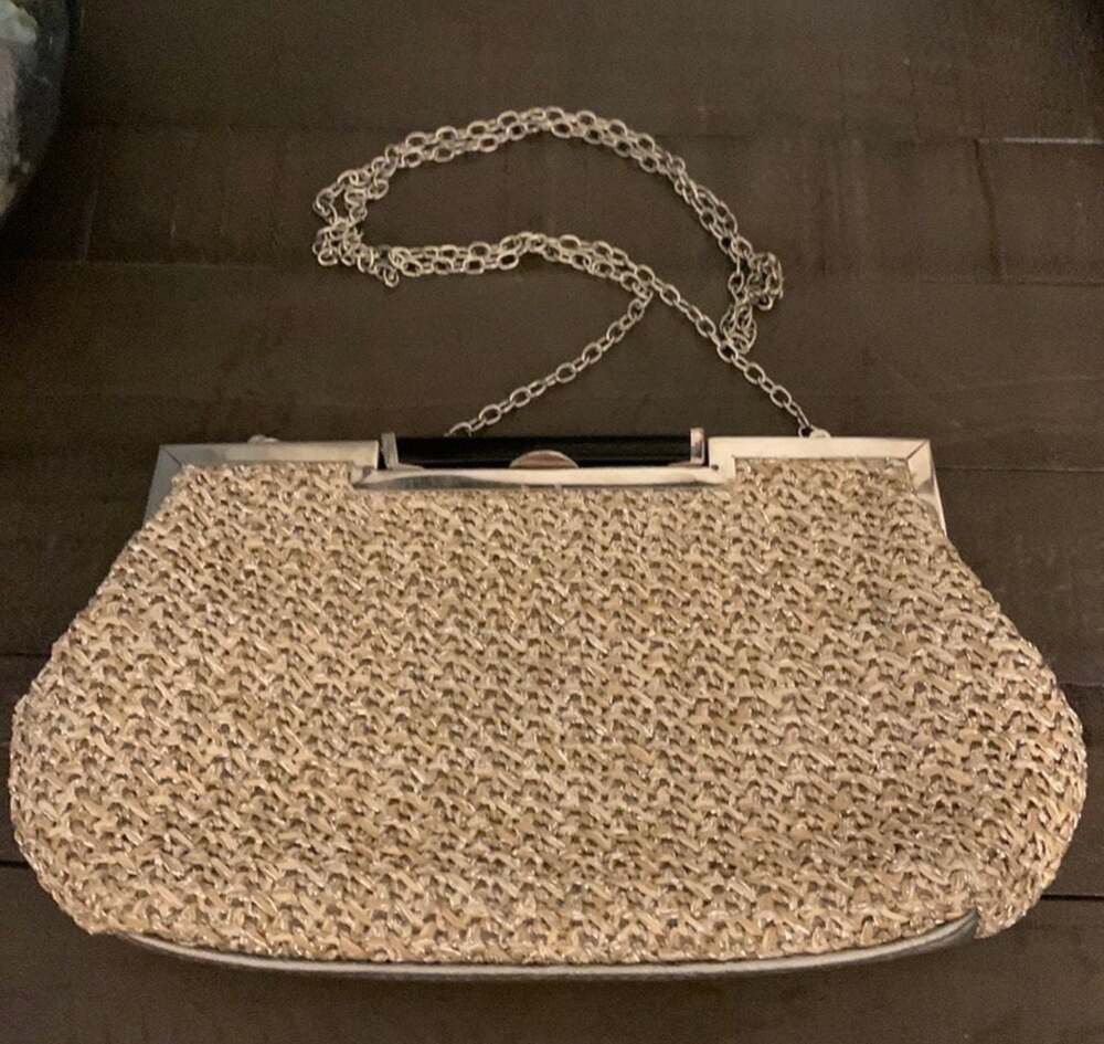 Bueno Woven Metallic Straw Evening Clutch with Silver Tone Chain and Frame